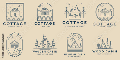 set cottage and cabin line art logo icon and symbol, with emblem vector illustration design