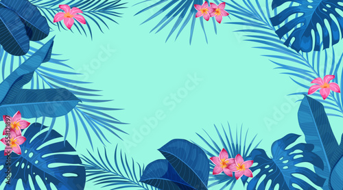 Tropical banner design template. Light blue theme with pink rainforest flowers. Palm  monstera leaves  tropical exotic flowers. Best for invitations  flyers  party posters. Vector illustration.