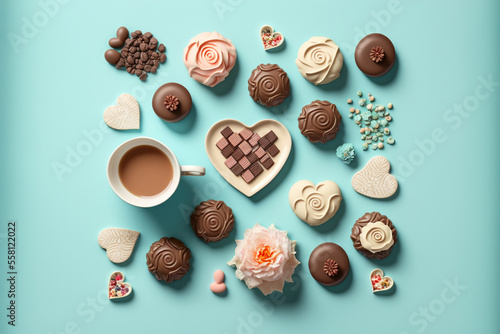 Flat-lay of heart shaped chocolate, coffee, hearts, and flowers. valentine days concept. 