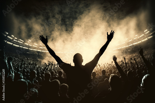 Concert and music festival background with hands raised and party people. 