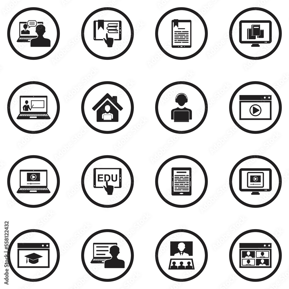 E-learning Icons. Black Flat Design In Circle. Vector Illustration. E-learning Icons. Black Flat Design In Circle. Vector Illustration.