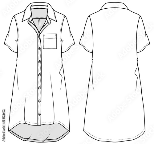 womens short sleeve button down collared shirt dress flat sketch vector technical cad drawing template