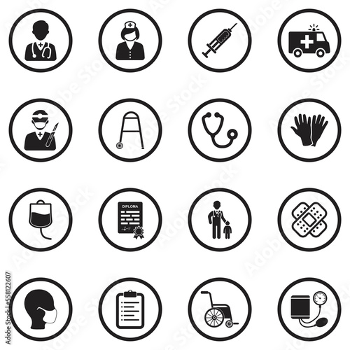 Doctor and Nurse Icons. Black Flat Design In Circle. Vector Illustration.