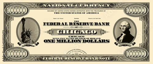 Vector obverse of one million US dollars paper banknote. Bill of denomination 1000000. Fiat money with ovals, Liberty and Washington. Chicago finance fictional certificate. photo