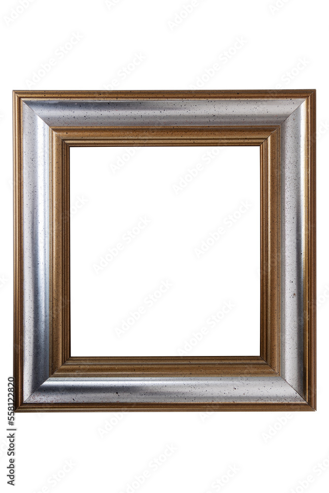 Antique golden and silver frame isolated on white background. Old wooden frame with decor painted with gold and silver paint. Italian heritage and antiquities Antique golden and silver frame isolated on white background. Old wooden frame with decor painted with gold and silver paint. Italian heritage and antiquities