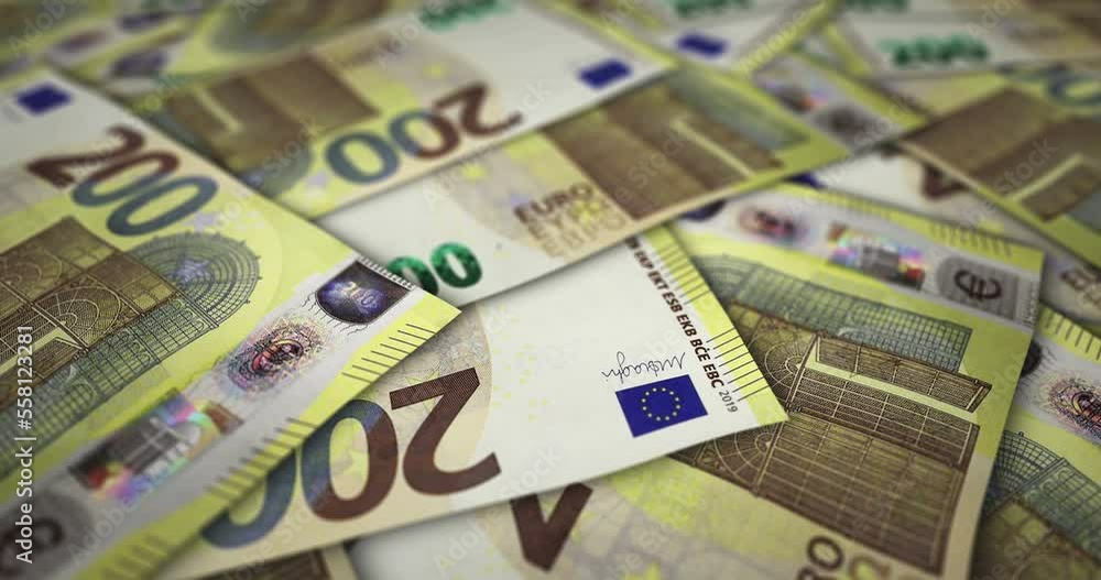 Euro 200 EUR banknote surface. Flying over European Union money note. 3D abstract concept of business, inflation, economy, finance, crisis and banking. Euro 200 EUR banknote surface. Flying over European Union money note. 3D abstract concept of business, inflation, economy, finance, crisis and banking.