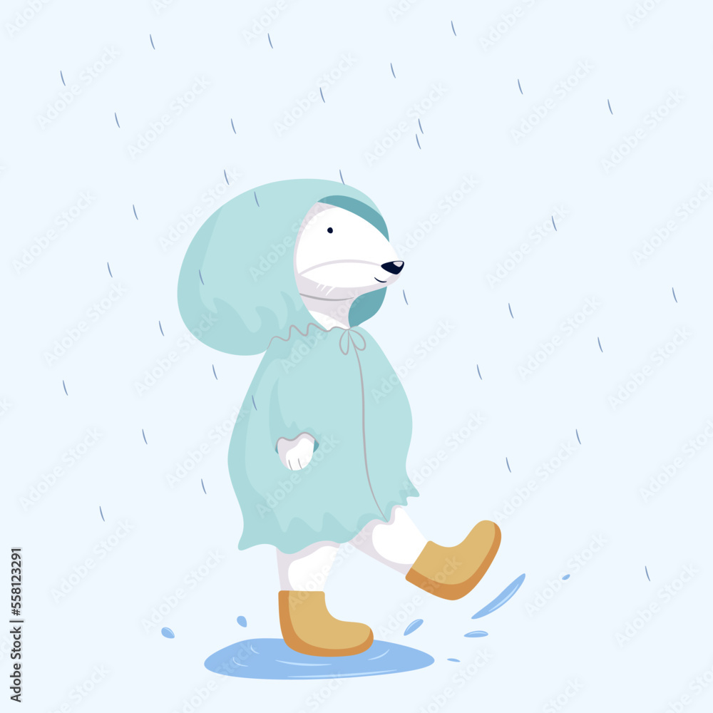 A white rabbit is playing outside in the rain, dressed in a raincoat. and in boots. Vector illustration with cartoon rabbit character. Isolated on blue background. A white rabbit is playing outside in the rain, dressed in a raincoat. and in boots. Vector illustration with cartoon rabbit character. Isolated on blue background.
