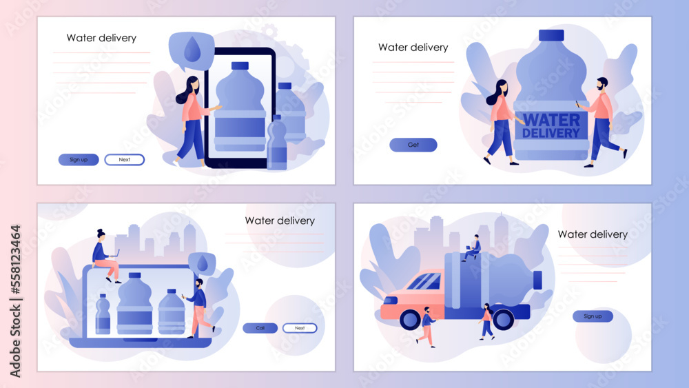 Water delivery service. Big bottle with clean water, delivery truck