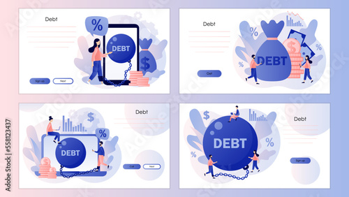Money debts concept. Tiny people chained by huge weight debt metal ball have financial problems. Screen template for landing page, template, ui, web, mobile app, poster, banner, flyer. Vector 