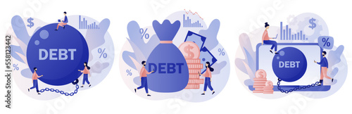 Money debts concept. Tiny people chained by huge weight debt metal ball have financial problems. Banking, bankruptcy, finance. Modern flat cartoon style. Vector illustration on white background