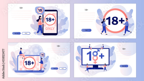 18+ restriction sign. Prohibition sign for people under eighteen years of age. Adult only. Age limit. Screen template for landing page, template, ui, web, mobile app, poster, banner, flyer. Vector 