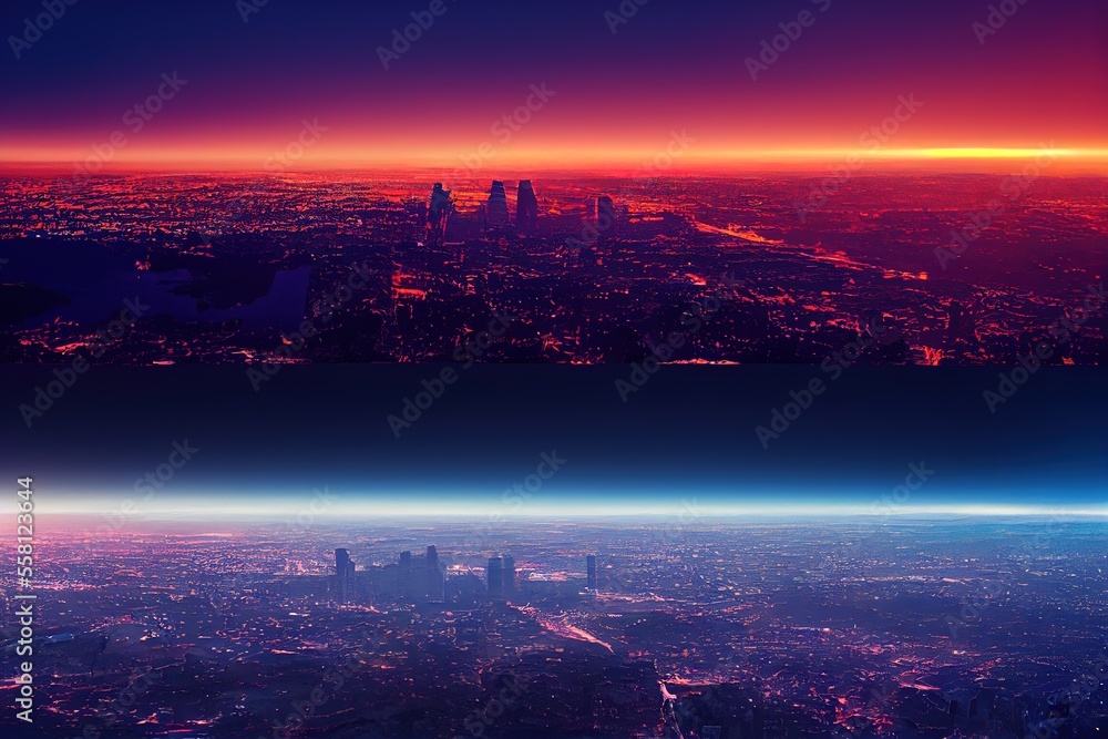 landscape morning or night, sunset and night city, city at different times