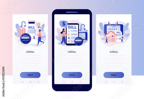 Utility bills. Household services. Regular payments as gas, water, electricity, heating. Saving resources concept. Screen template for mobile, smartphone app. Modern flat cartoon style. Vector