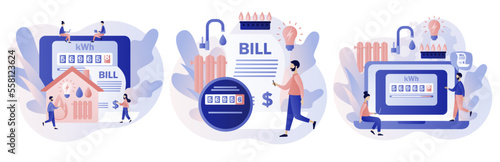 Utility bills. Household services. Regular payments as gas, water, electricity, heating. Saving resources concept. Modern flat cartoon style. Vector illustration on white background