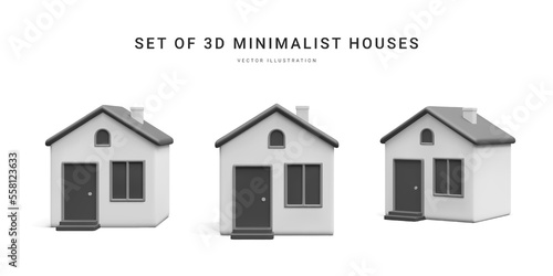 Set of 3d realistic homes isolated on light background. Real estate, mortgage, loan concept. House icons in cartoon minimal style. Vector illustration
