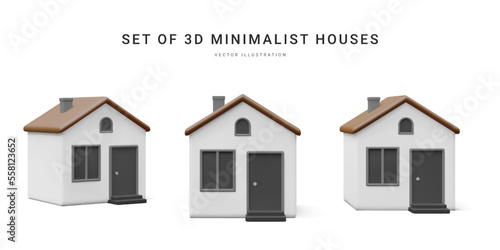 Set of 3d realistic homes isolated on light background. Real estate, mortgage, loan concept. House icons in cartoon minimal style. Vector illustration
