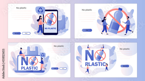 No plastic sign. Protest against plastic garbage. Reduce pollution. Environmental concept. Screen template for landing page, template, ui, web, mobile app, poster, banner, flyer. Vector illustration