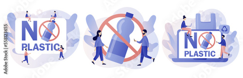 No plastic sign. Protest against plastic garbage. Reduce pollution. Environmental concept. Modern flat cartoon style. Vector illustration on white background