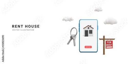 3d realistic online booking banner. Mobile application for book hotel, accommodation or apartment for vacation in cartoon style. Landing page of online rent reservation. Vector illustration