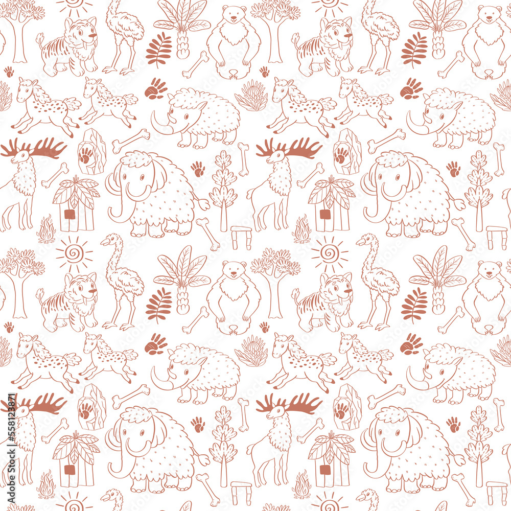 Funny ancient animals - mammonth, emu, bear, tiger, deer, horse, rhino. Seamless pattern with vector hand drawn outline illustrations with stone age theme
Funny ancient animals - mammonth, emu, bear, tiger, deer, horse, rhino. Seamless pattern with vector hand drawn outline illustrations with stone age theme
