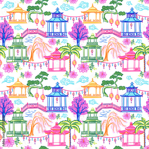 Pagodas and trees, Chinese landscapes. seamless pattern with hand drawn illustration with architect theme
