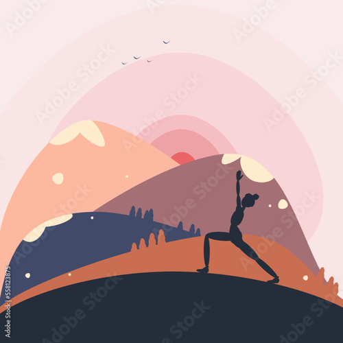 Background illustration of light and bright pink, blue and orange mountains and hills with a silhouette of a woman doing yoga. Image for poster, postcard, etc. © Olha Bodanina