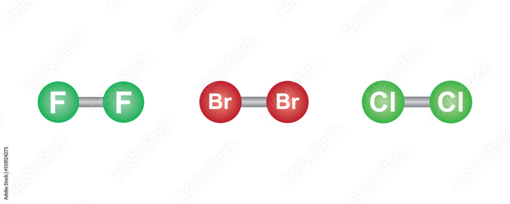 Fluorine, Bromine and Chlorine Molecular Model of Atom. Vector illustration. - obrazy, fototapety, plakaty 