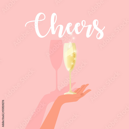 Banner, postcard with hand holding champagne glasses, pink background.
