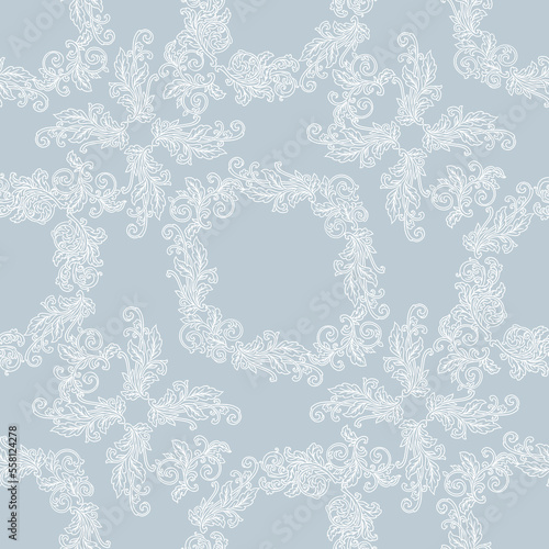 Vintage style curls and leaves. Seamless pattern with vector hand drawn outline illustrations 