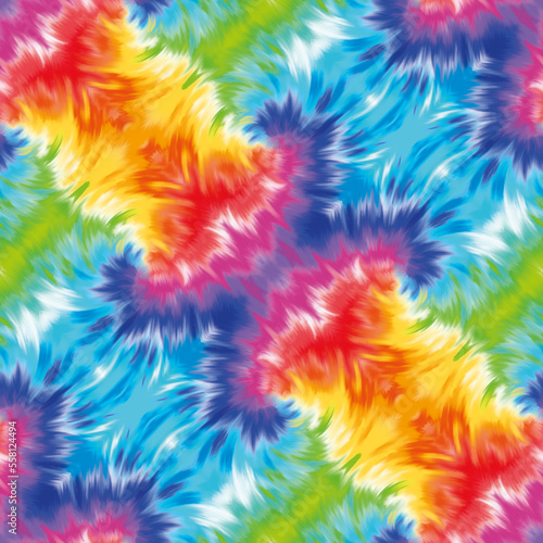 Seamless pattern with hand drawn digital illustration with rainbow tie dye theme 