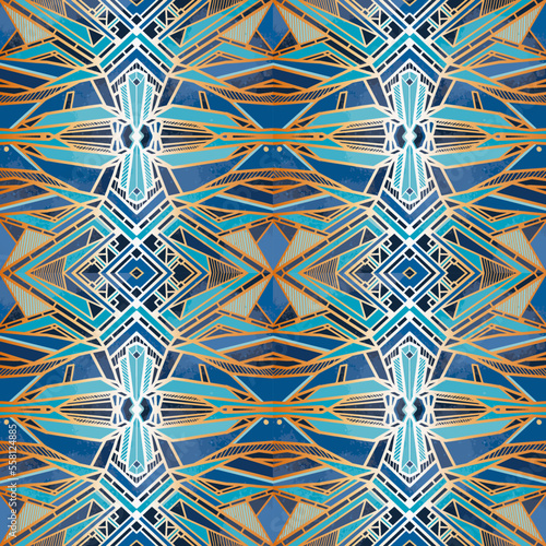 Blue and golden colors seamless pattern with geometrical hand drawn ornaments in art deco style
