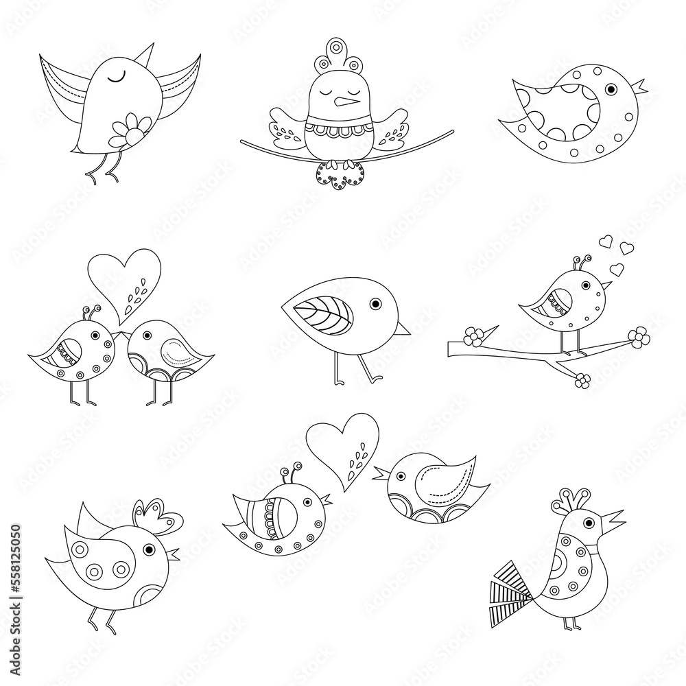 Set of different outline of cartoon birds. Vector