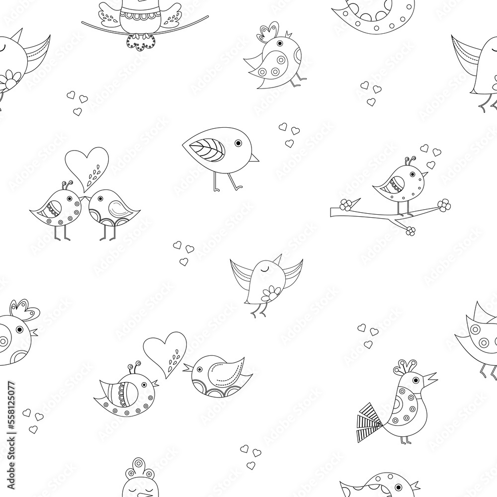 Seamless pattern outline of cartoon birds.