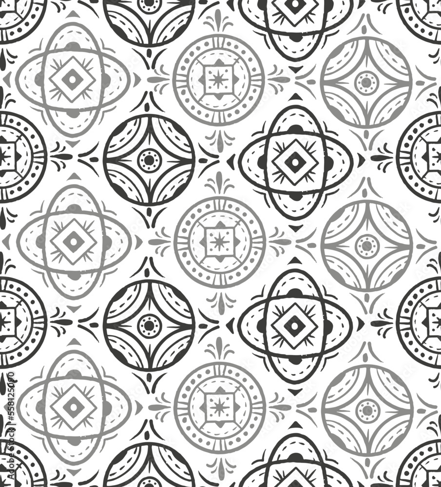 Seamless pattern with circle geometrical ornaments. Vector hand drawn illustrations
