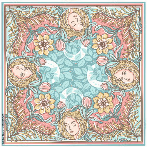 Art deco style ornament with flowers and girls faces. Outline vector hand drawn illustration in square template 