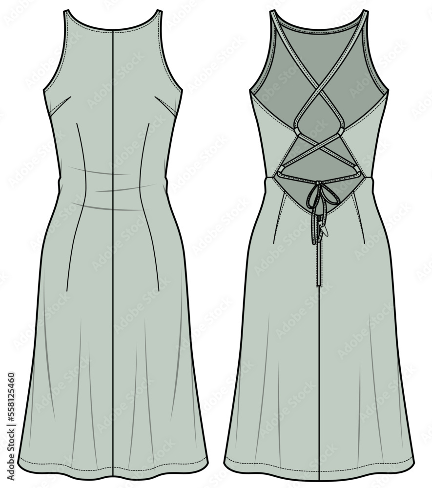 womens sleeveless strappy tie back dress flat sketch vector illustration  front and back view party wear dress technical cad drawing template Stock  Vector