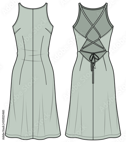 womens sleeveless strappy tie back dress flat sketch vector illustration front and back view party wear dress technical cad drawing template