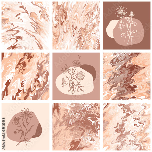 Nude and blush colors tiles with marble ornaments. Seamless pattern with hand drawn vector illustrations
