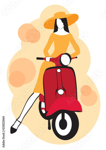 Abstract line illustration depicting a woman in a hat and yellow dress sitting on a red motorcycle.