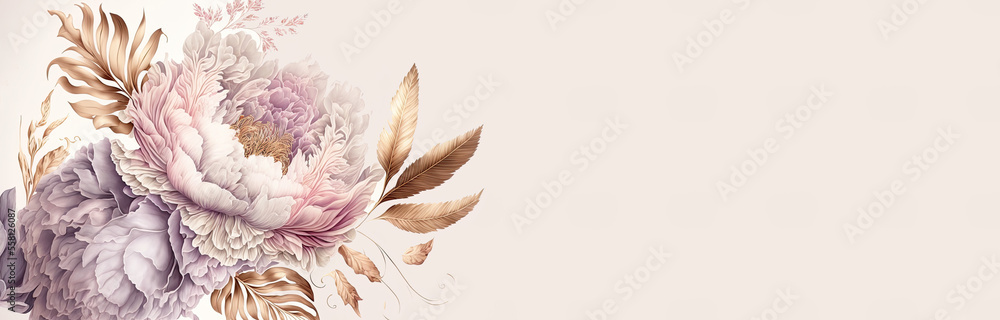 Luxury peonies in pale pink and mauve with slight gold touches, copy space, space for text, banner,  delicate winter pastel colors for your lavish floral greetings, illustration, generative art