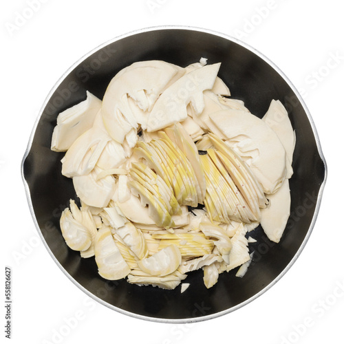 close up of sliced raw bamboo shoots (Dendrocalamus latiflorus species) in the pot photo