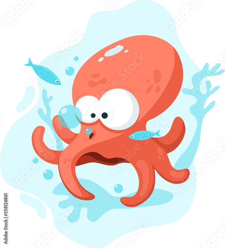 Funny octopus lets bubbles under water. Cartoon style.