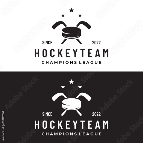 ice hockey sport badge template with hockey ball and stick.For club, tournament,emblem,championship and business.