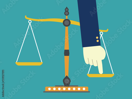 Hand pushing scale out of balance. Unequal Concept. Vector illustration