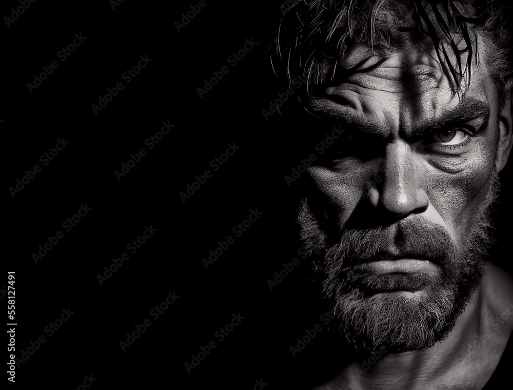 Obraz premium A purposeful man, with a determined look. Black and white portrait, dramatic rim light. Black background. Free copy space. Created with Generative AI technology.