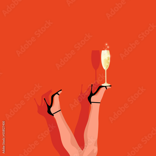 Upside down high heel legs, holding glass of wine.