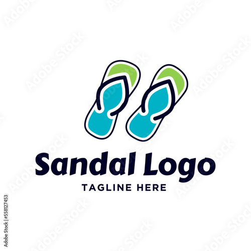  rubber flip flop logo template, vector illustration isolated on white background. Graphic side view flip flop, sandal logo design, vacation, holiday, downshifting concept 