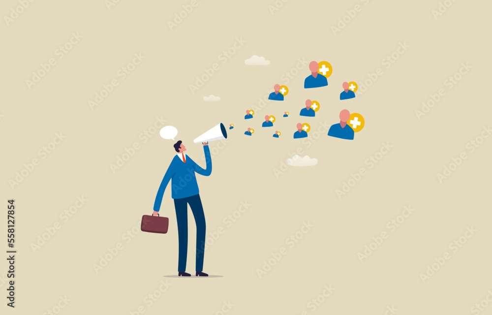 Marketing to attract new customers. increase customer base. Businessman announces a promotion to attract customers. Illustration Marketing to attract new customers. increase customer base. Businessman announces a promotion to attract customers. Illustration