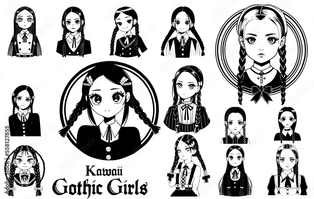 WDNSDY Goth girl with braids silhouette icon set - obrazy, fototapety, plakaty 