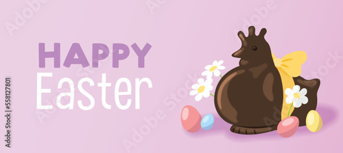 Easter chocolate chicken or hen with easter eggs vector illustration banner with decorative flowers. Springtime easter sales poster.